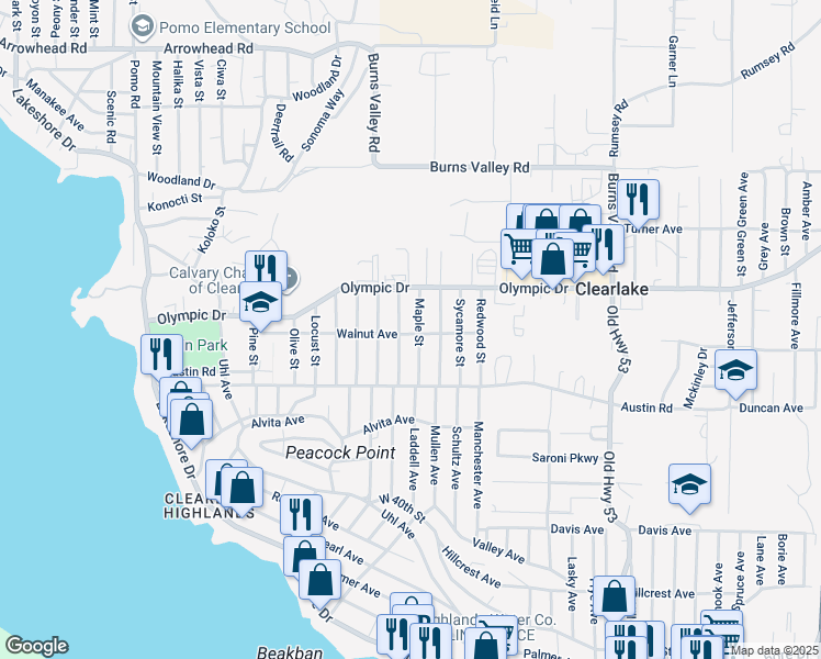 map of restaurants, bars, coffee shops, grocery stores, and more near 3548 Maple Street in Clearlake