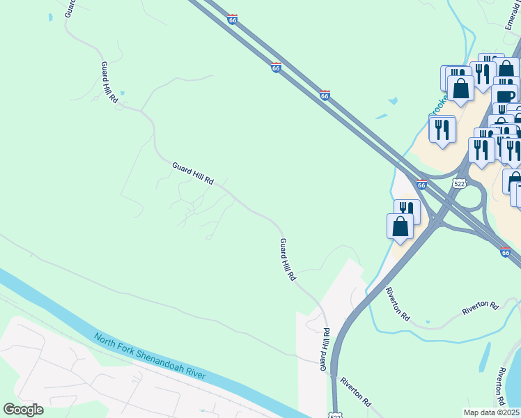 map of restaurants, bars, coffee shops, grocery stores, and more near 3617 Guard Hill Road in Front Royal