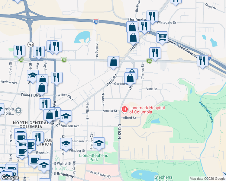 map of restaurants, bars, coffee shops, grocery stores, and more near 900 Woodrow Street in Columbia