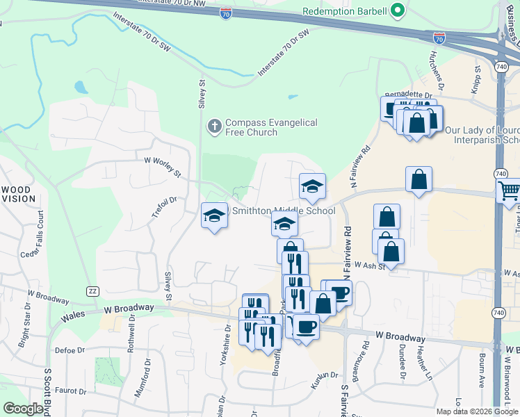 map of restaurants, bars, coffee shops, grocery stores, and more near 305 Vieux Carre Court in Columbia