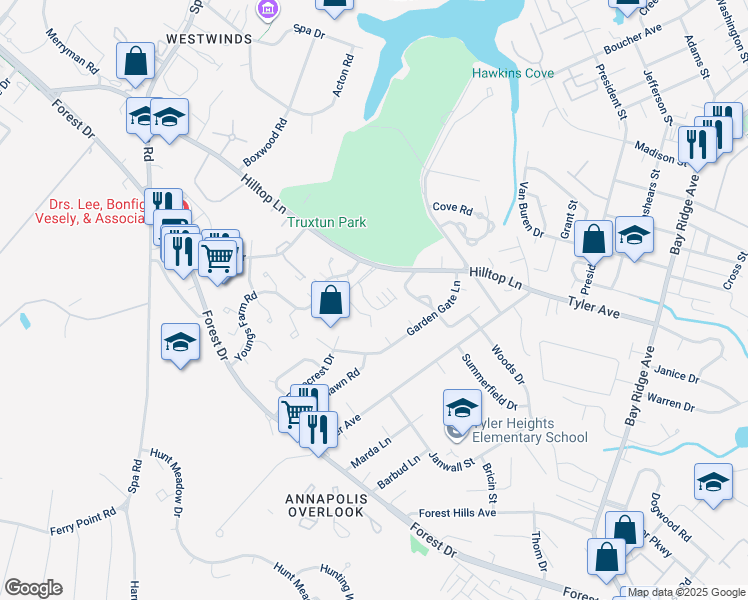 map of restaurants, bars, coffee shops, grocery stores, and more near 52 Primrose Hill Lane in Annapolis