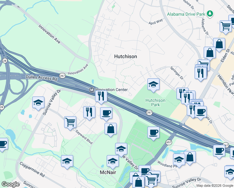 map of restaurants, bars, coffee shops, grocery stores, and more near 13301 Aiken Place in Herndon