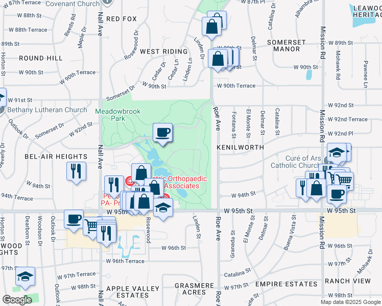 map of restaurants, bars, coffee shops, grocery stores, and more near 9321 Cedar Reserve Drive in Prairie Village