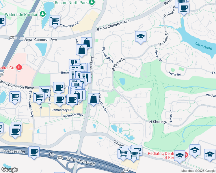 map of restaurants, bars, coffee shops, grocery stores, and more near 11712 Olde English Drive in Reston