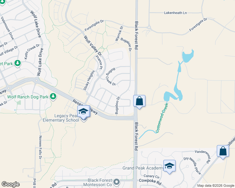 map of restaurants, bars, coffee shops, grocery stores, and more near 6586 Wolf Gulch Drive in Colorado Springs