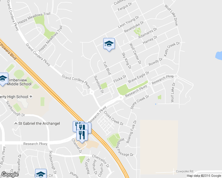 map of restaurants, bars, coffee shops, grocery stores, and more near 5647 Flicka Drive in Colorado Springs