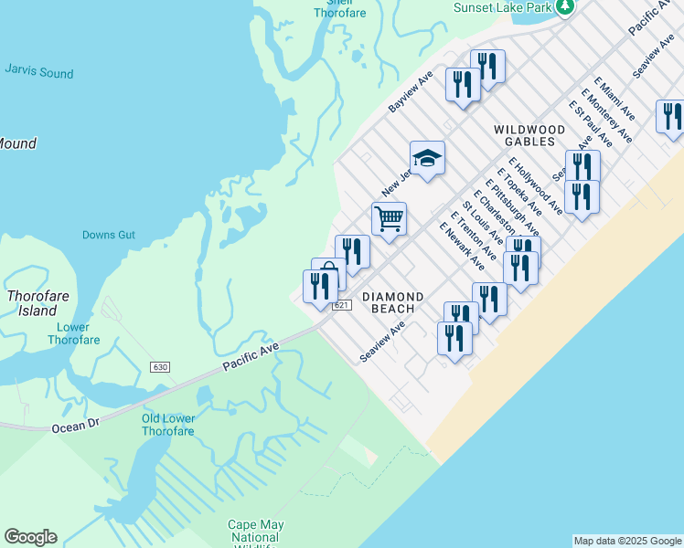 map of restaurants, bars, coffee shops, grocery stores, and more near 111 Austin Avenue in Wildwood Crest