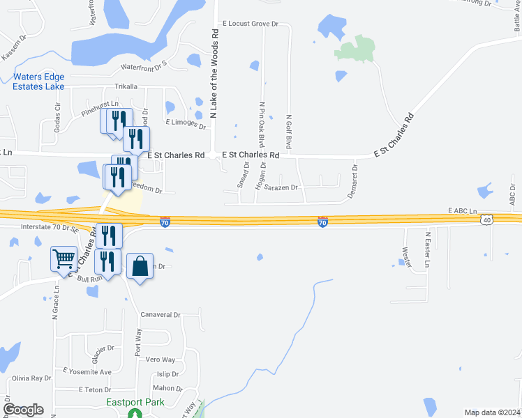 map of restaurants, bars, coffee shops, grocery stores, and more near 745 Demaret Drive in Columbia