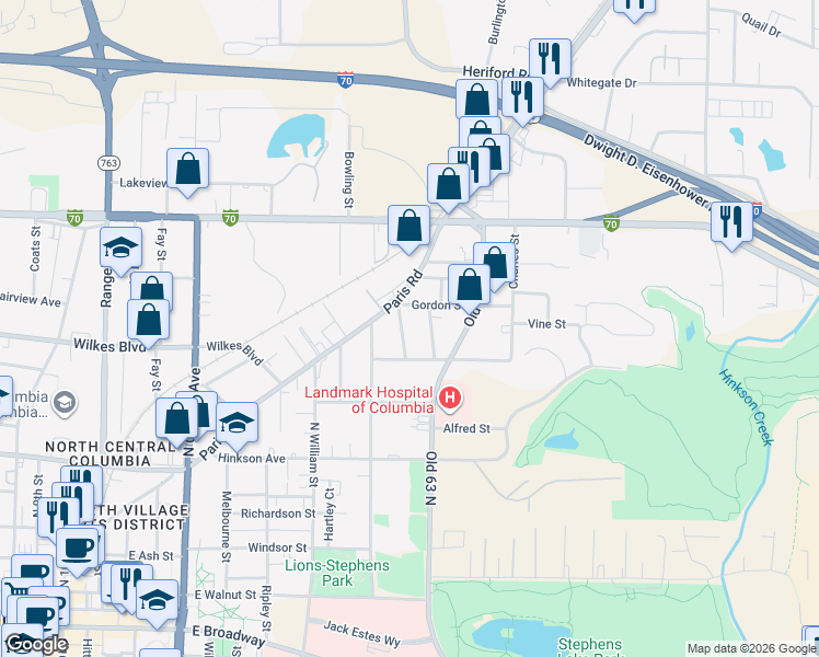 map of restaurants, bars, coffee shops, grocery stores, and more near 900 Woodrow Street in Columbia