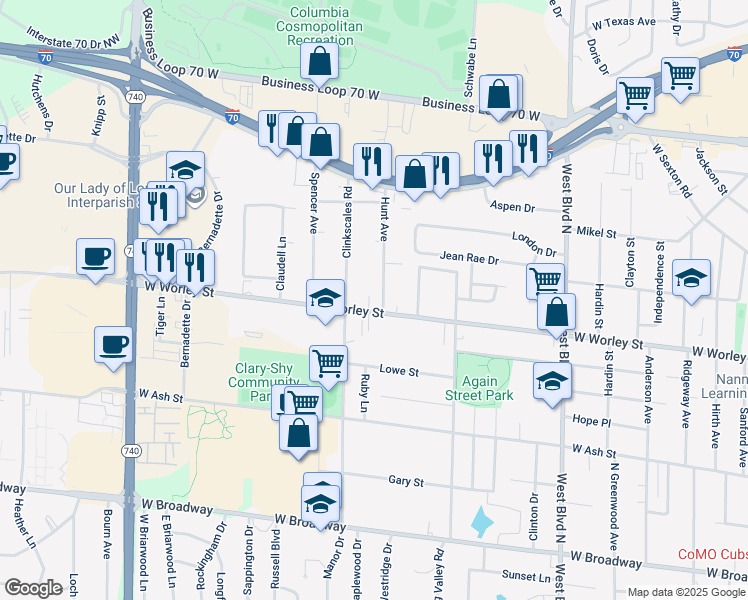map of restaurants, bars, coffee shops, grocery stores, and more near 511 Hunt Avenue in Columbia