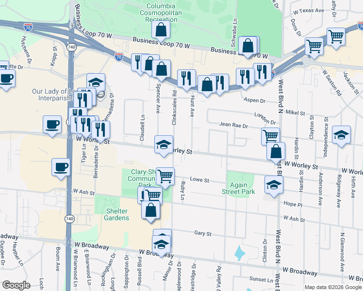 map of restaurants, bars, coffee shops, grocery stores, and more near 511 Hunt Avenue in Columbia