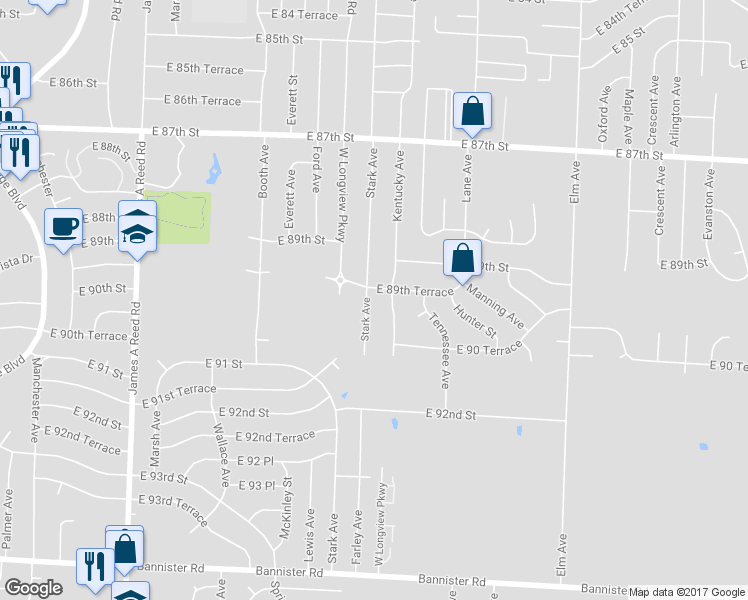 map of restaurants, bars, coffee shops, grocery stores, and more near 8915 Stark Avenue in Kansas City