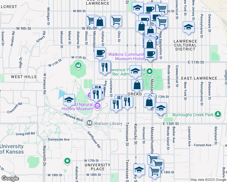 map of restaurants, bars, coffee shops, grocery stores, and more near 1223 Ohio Street in Lawrence