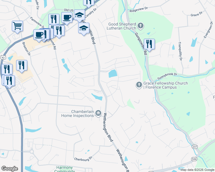 map of restaurants, bars, coffee shops, grocery stores, and more near 2339 Twelve Oaks Drive in Florence