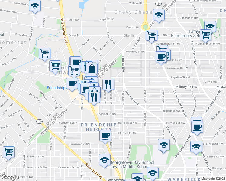 map of restaurants, bars, coffee shops, grocery stores, and more near 5341 42nd Street Northwest in Washington