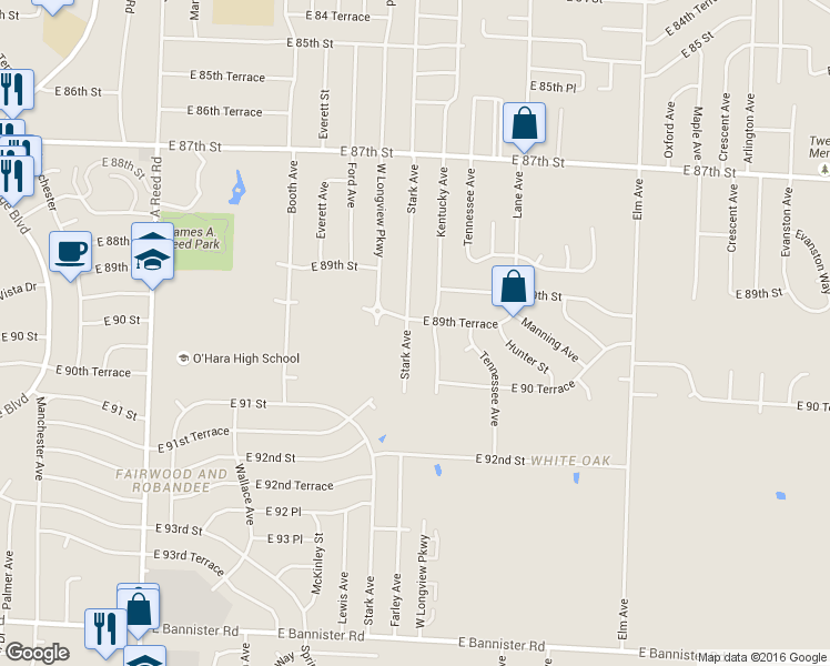 map of restaurants, bars, coffee shops, grocery stores, and more near 8915 Stark Avenue in Kansas City
