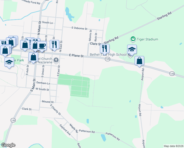 map of restaurants, bars, coffee shops, grocery stores, and more near 2662 Spring Street in Bethel