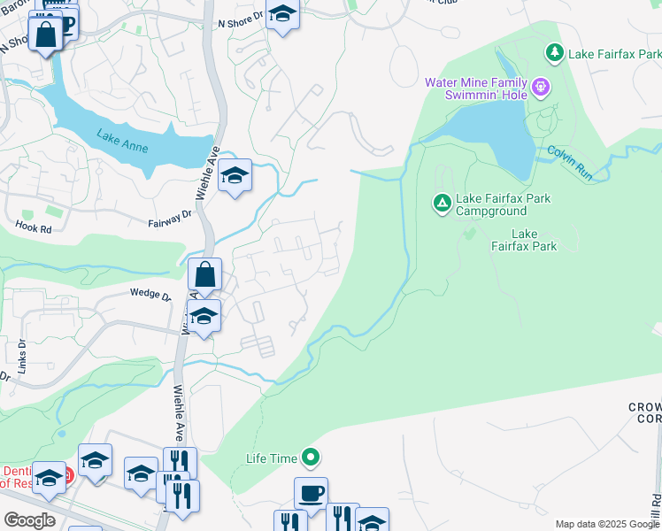 map of restaurants, bars, coffee shops, grocery stores, and more near 1646 Bentana Way in Reston