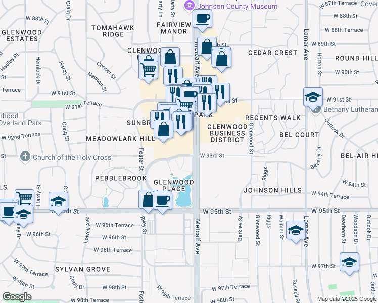 map of restaurants, bars, coffee shops, grocery stores, and more near 9292 Metcalf Avenue in Overland Park