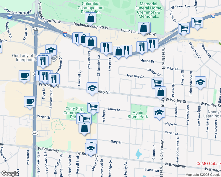 map of restaurants, bars, coffee shops, grocery stores, and more near 504 Hunt Avenue in Columbia