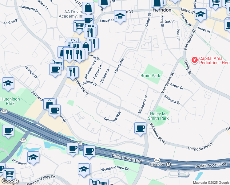 map of restaurants, bars, coffee shops, grocery stores, and more near 719 Palmer Drive in Herndon