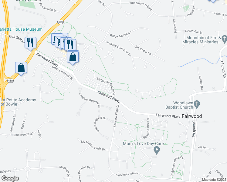 map of restaurants, bars, coffee shops, grocery stores, and more near 12909 Midnights Delight Drive in Bowie
