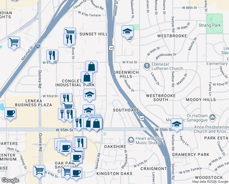 map of restaurants, bars, coffee shops, grocery stores, and more near 9251 Nieman Road in Overland Park