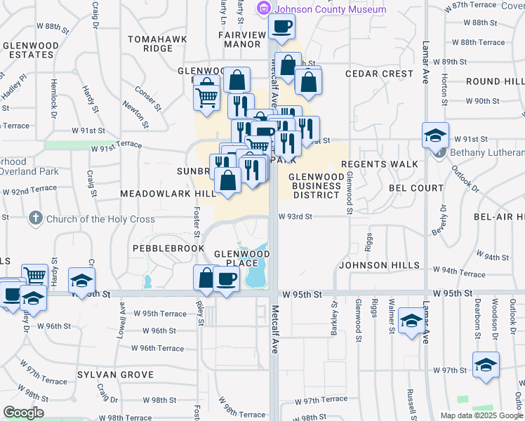 map of restaurants, bars, coffee shops, grocery stores, and more near 9292 Metcalf Avenue in Overland Park