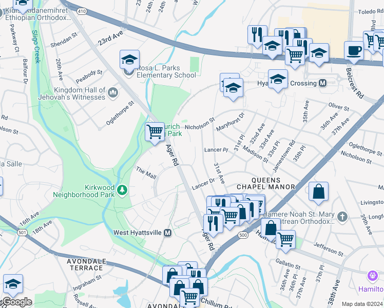 map of restaurants, bars, coffee shops, grocery stores, and more near 5719 29th Avenue in Hyattsville