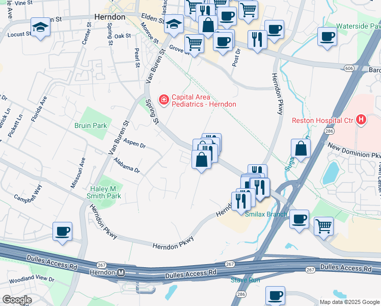map of restaurants, bars, coffee shops, grocery stores, and more near 397 Spring Street in Herndon