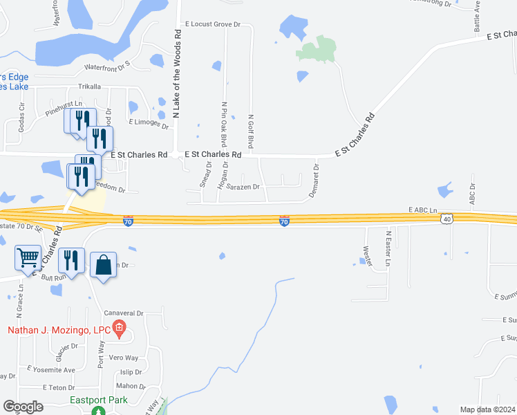 map of restaurants, bars, coffee shops, grocery stores, and more near 734 Demaret Drive in Columbia
