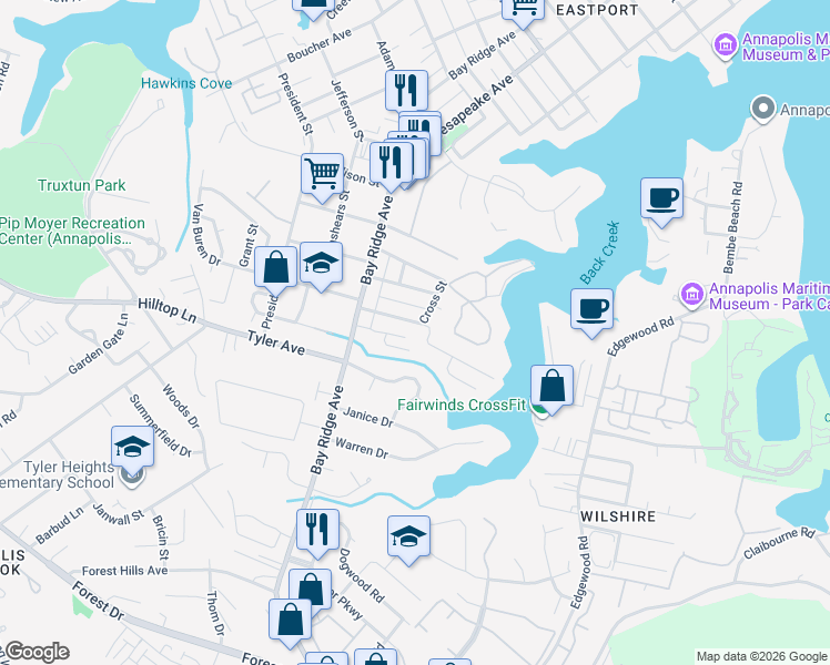 map of restaurants, bars, coffee shops, grocery stores, and more near 803 Parkwood Avenue in Annapolis
