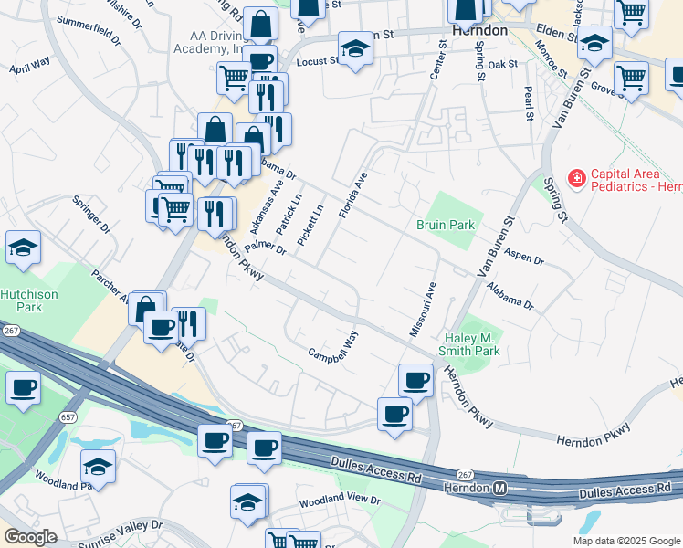 map of restaurants, bars, coffee shops, grocery stores, and more near 719 Palmer Drive in Herndon