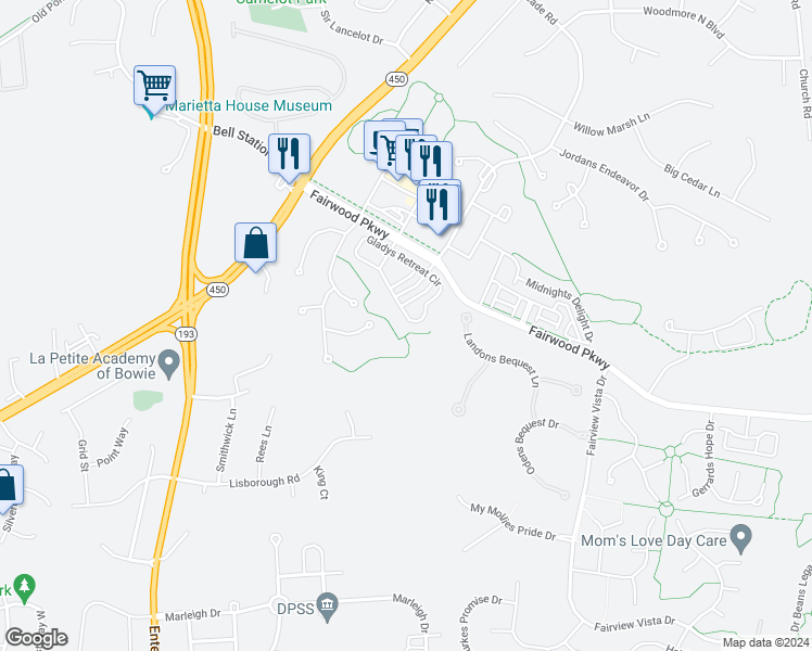map of restaurants, bars, coffee shops, grocery stores, and more near 12744 Gladys Retreat Circle in Bowie
