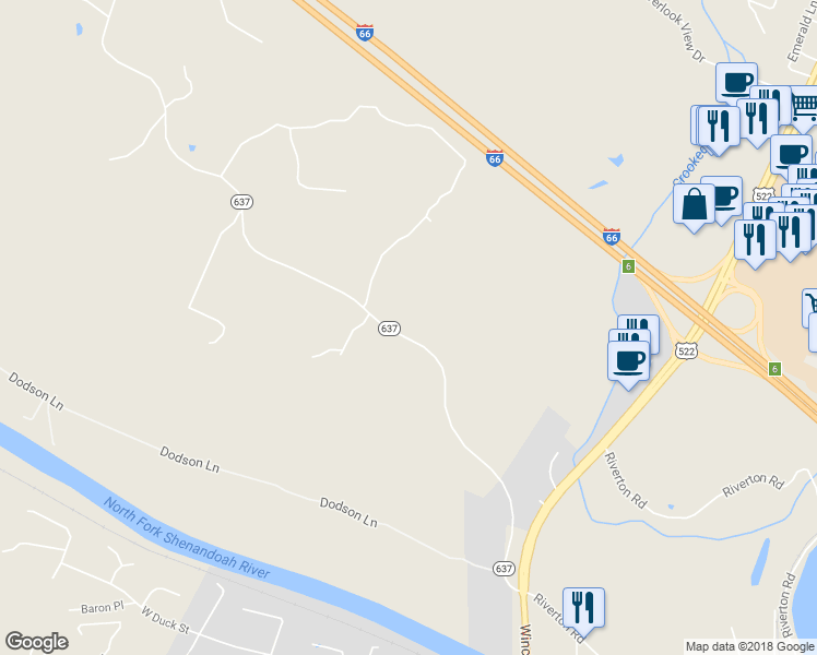 map of restaurants, bars, coffee shops, grocery stores, and more near 3617 Guard Hill Road in Front Royal