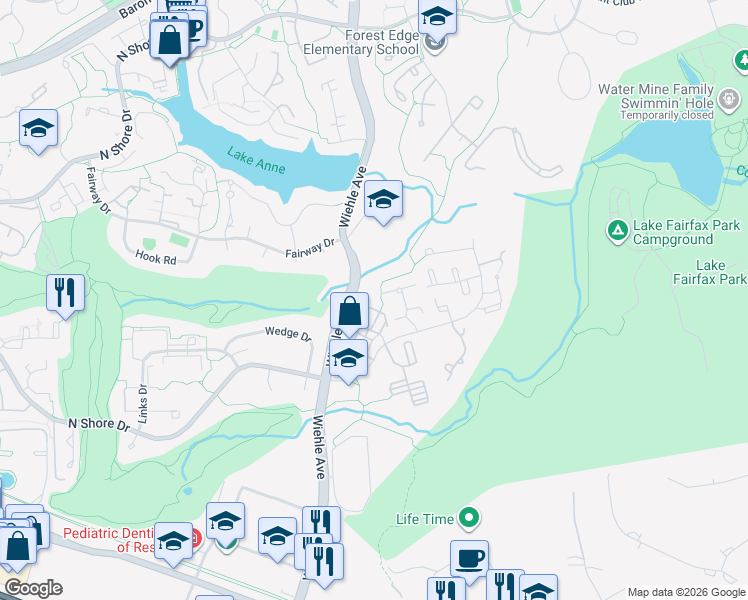 map of restaurants, bars, coffee shops, grocery stores, and more near 12052 North Shore Drive in Reston