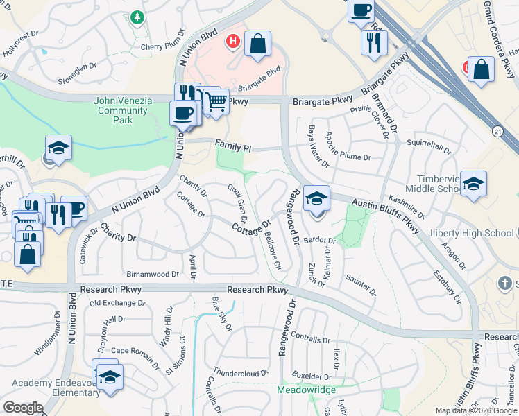 map of restaurants, bars, coffee shops, grocery stores, and more near 9065 Bellcove Circle in Colorado Springs