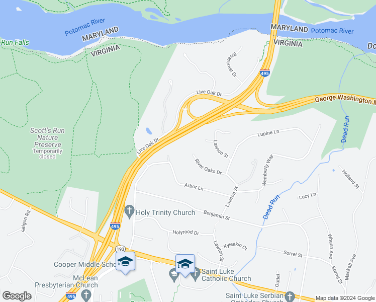 map of restaurants, bars, coffee shops, grocery stores, and more near 7007 River Oaks Drive in McLean