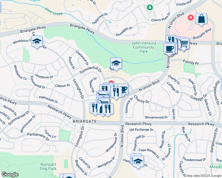 map of restaurants, bars, coffee shops, grocery stores, and more near 8890 North Union Boulevard in Colorado Springs