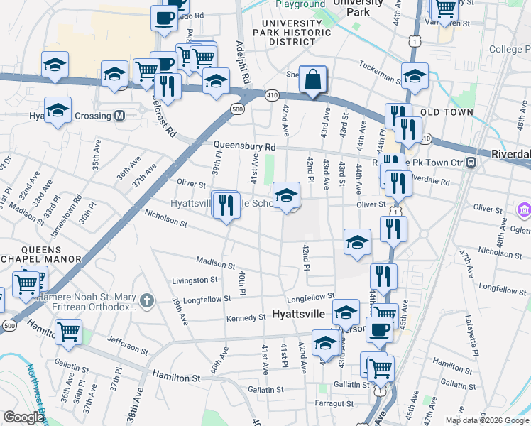 map of restaurants, bars, coffee shops, grocery stores, and more near 6009 41st Avenue in Hyattsville