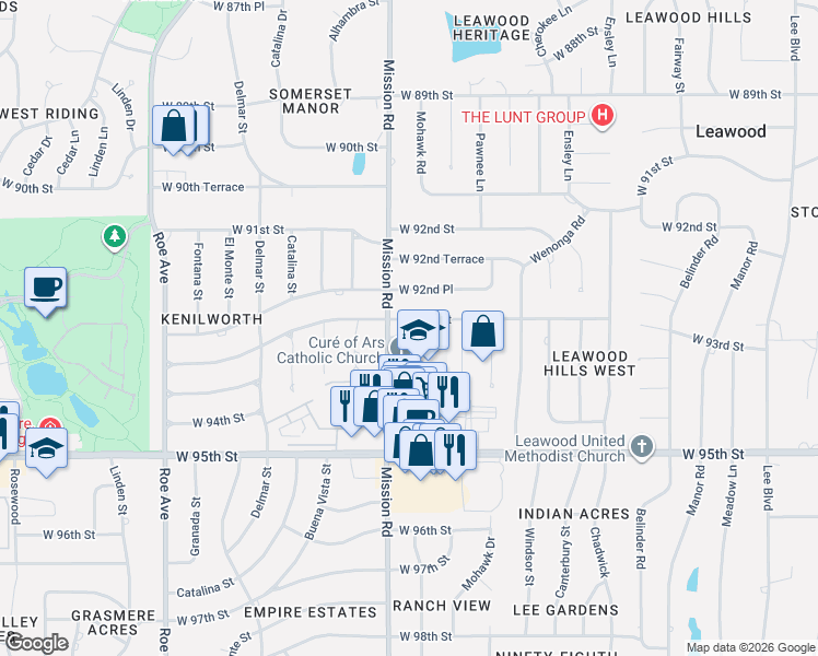 map of restaurants, bars, coffee shops, grocery stores, and more near 3512 West 93rd Street in Leawood