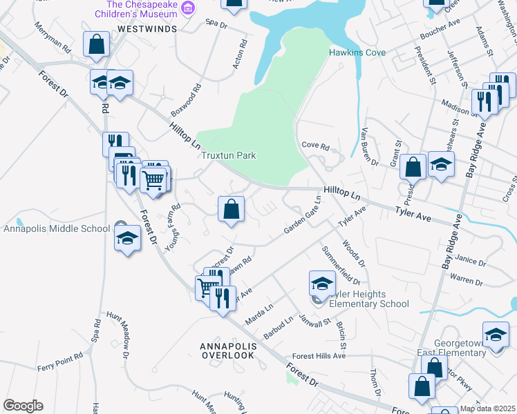 map of restaurants, bars, coffee shops, grocery stores, and more near 3 Milkshake Lane in Annapolis