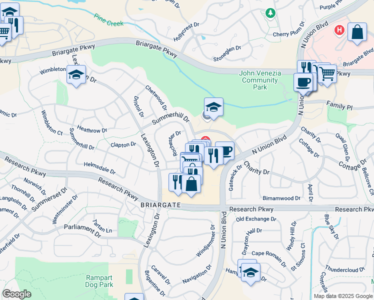 map of restaurants, bars, coffee shops, grocery stores, and more near 9325 Melbourne Drive in Colorado Springs