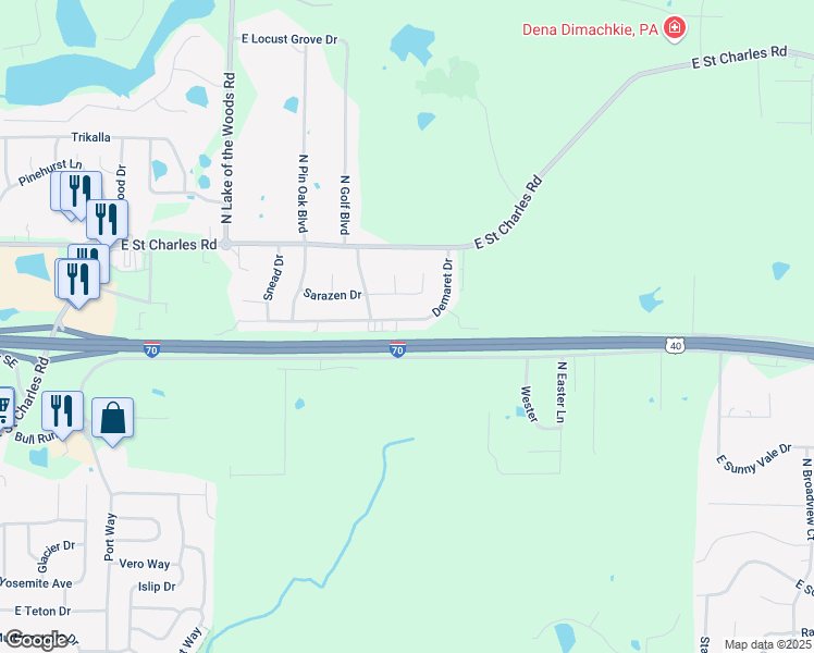 map of restaurants, bars, coffee shops, grocery stores, and more near 720 Demaret Drive in Columbia