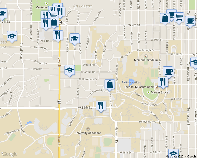 map of restaurants, bars, coffee shops, grocery stores, and more near 1604 W University Dr in Lawrence