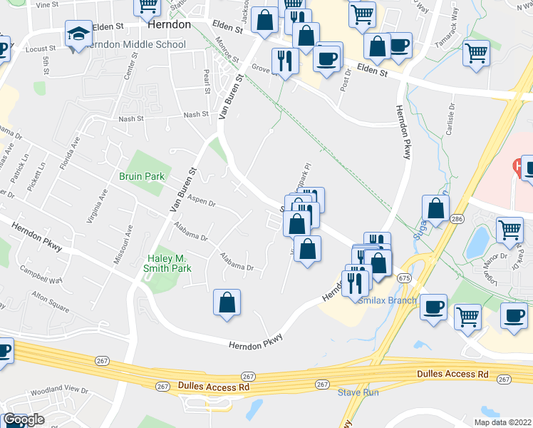 map of restaurants, bars, coffee shops, grocery stores, and more near 118 Quietwalk Lane in Herndon