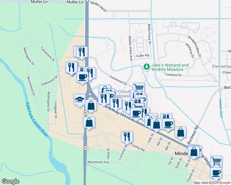 map of restaurants, bars, coffee shops, grocery stores, and more near in Minden