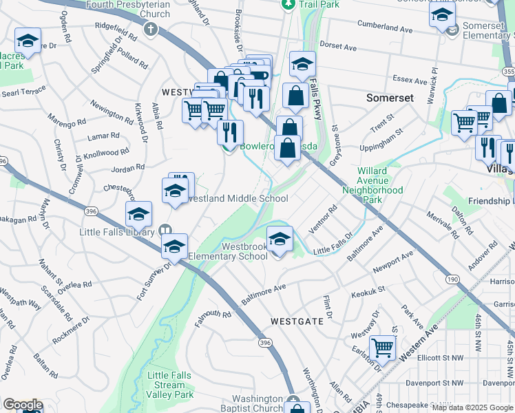 map of restaurants, bars, coffee shops, grocery stores, and more near 5202 Willet Bridge Court in Bethesda
