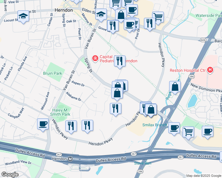map of restaurants, bars, coffee shops, grocery stores, and more near 397 Spring Street in Herndon