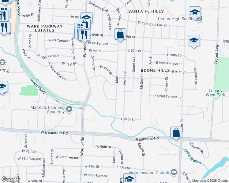 map of restaurants, bars, coffee shops, grocery stores, and more near 9206 Main Street in Kansas City